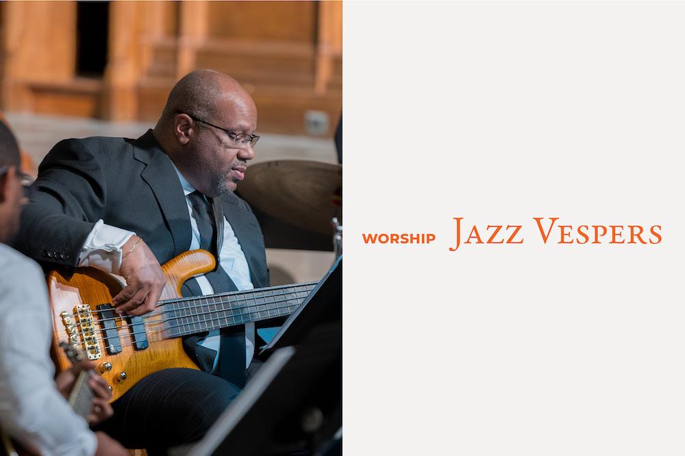 Photo of musician with guitar. Text: Jazz Vespers